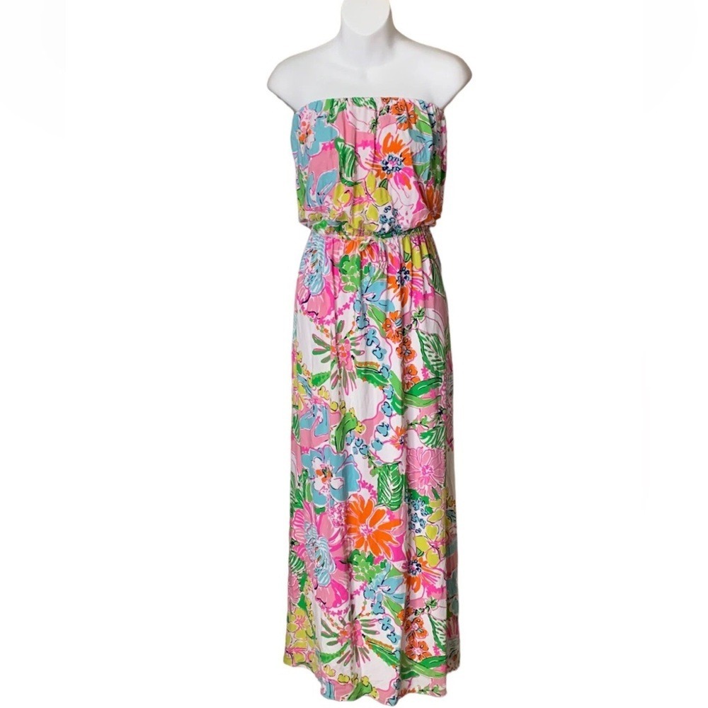 Lilly Pulitzer Target Maxi Dress Nosey Posey Strapless White Pink Size Mesium‎